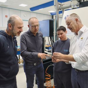 From left to right: Christian Jankofsky (Milling Team Leader), Oliver Weissenrieder (Head of Tool Production), Sabrina Weizenhöfer (Linear Cell Team Leader) from KLEINER GmbH Stanztechnik and Klaus Bruder (Technical Support at ZECHA Hartmetall-Werkzeugfabrikation GmbH)